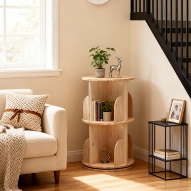 Рівнева обертова книжкова полиця з масиву дерева - Полиця на 360 - Підлогова книжкова полиця - Багатофункціональна книжкова полиця - Полиця для зберігання для дітей та дорослих, Ø39 см, В67 см, 2-