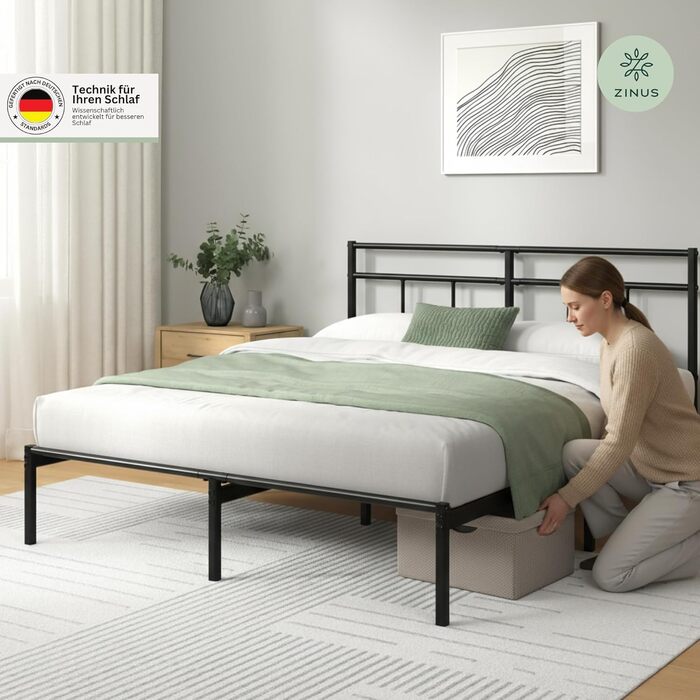 Ліжко Zinus Elias каркас 140x200 см з вінтажним узголів&39ям - Металеве ліжко 140x200 з металевою рейковою основою - Платформа заввишки 30 см з простором під нею - Пружинний матрац не потрібен - Чорний 200 x 140 см
