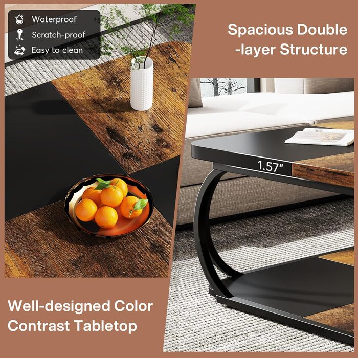 Квадратний журнальний столик Tribesigns для вітальні, 100 x 100 x 50 см, журнальний столик з дерев&39яного композиту, низький столик для сучасної вітальні, рустикальний коричневий чорний