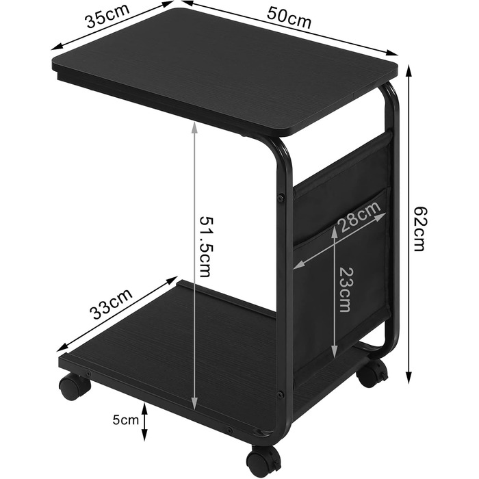 Журнальний столик WOLTU з 2 полицями та 1 бічною кишенею, журнальний столик-диван з місцем для зберігання, С-подібний стіл для вітальні, на колесах, для ліжка або дивана, виготовлений з дерева та металу, 50x62x35 см, чорний, BTS04sz
