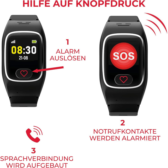 Годинник James B8 для екстрених випадків та безпеки для людей похилого віку GPS, виявлення падіння, кнопка SOS, монітор серцевого ритму, функції для здоров&39я, сімейний додаток, гучний будильник чорний/білий вкл. SIM-картку та 2 місяці безкоштовного тари