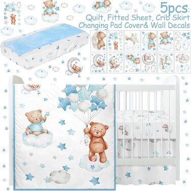 Набір постільної білизни для дитячого ліжечка Mixweer з 5 предметів, що включає тематичний ведмедик з повітряних кульок, простирад