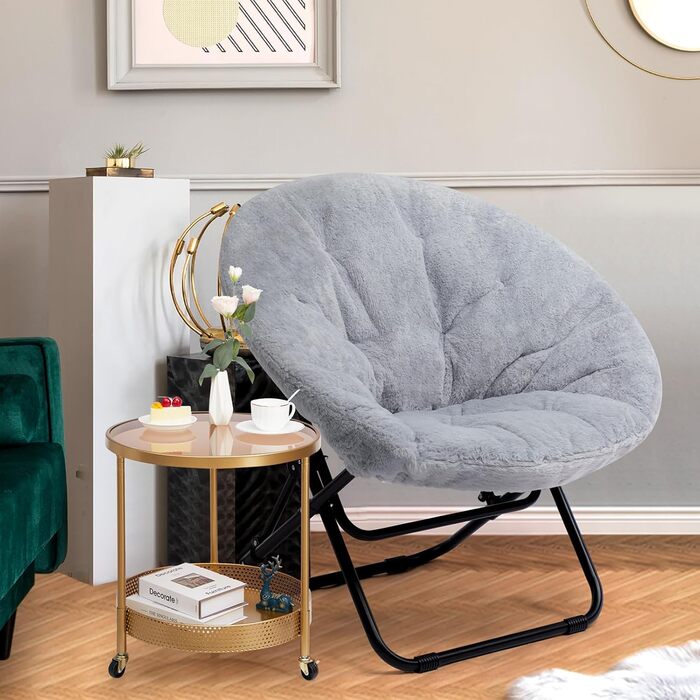 Розкладне крісло HollyHOME, кругле розкладне крісло, крісло-підголовник для вітальні, кругле крісло для відпочинку, крісло-місяць, крісло для відпочинку, затишне крісло для читання, спальня, плюшеве, сіре