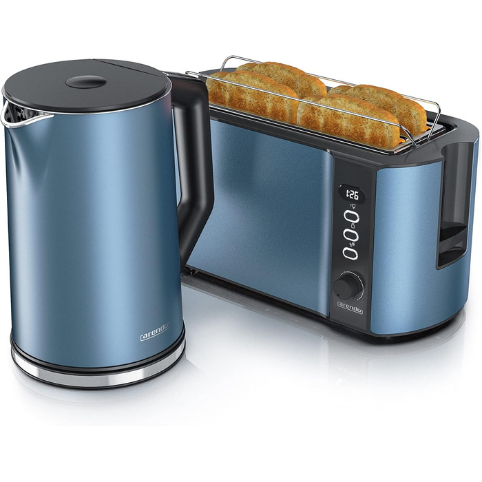 Чайник з тостером SET Нержавіюча сталь синій, чайник 1,5 л, 40 - 100C Тостер з функцією збереження тепла 4 скибочки LED-дисплей 6 ступенів підрум'янювання Насадка для рулону