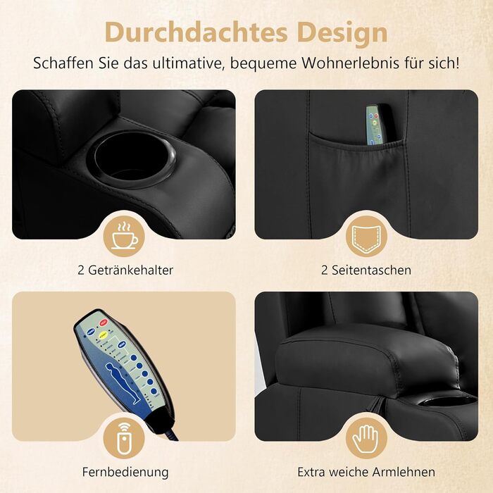 Крісло-гойдалка з функцією відкидання спинки, масажне крісло з функцією підігріву, крісло для телевізора з поворотом на 360 для вітальні, крісло-гойдалка з подушками/бічними кишенями/підстаканником (чорне)