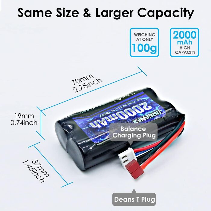 В Літій-іонна батарея 2000 мАг 2S з вилкою Deans T для радіокерованих автомобілів, човнів, вантажівок з 1 до 2 USB-зарядних пристроїв, 7.4