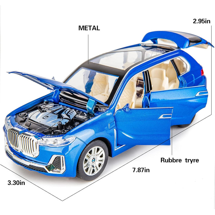 Сумісний з моделлю позашляховика BMW X7, дорослі колекції, литий сплав з відкидною іграшкою зі звуком і світлом для дівчаток і хлопчиків дитячі іграшки синій, 124