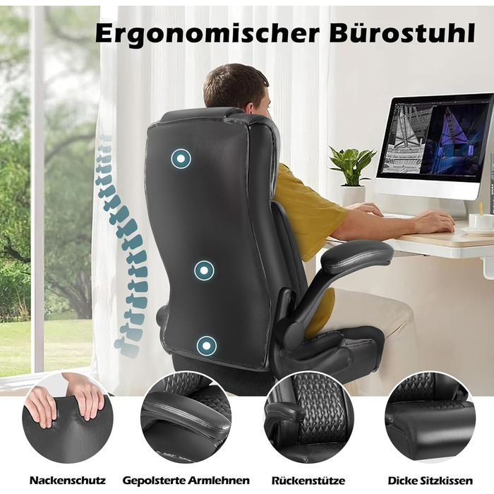 Ергономічне офісне крісло Waleaf з високою спинкою та функцією гойдання, відкидні підлокітники, регульоване по висоті поворотне крісло з колесами для офісу, дому, чорне