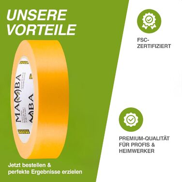 Малярська стрічка Mamba Goldband 10 шт. Малярська стрічка 30 мм x 50 м Професійна малярська стрічка Малярська стрічка Клейка стрічка Washi-стрічка Золота паперова стрічка Самоклейка