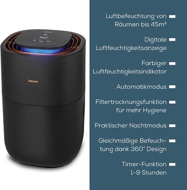 Зволожувач повітря Beurer LB 300 Plus з енергоефективною технологією холодного випаровування, кольоровим індикатором вологості, фу
