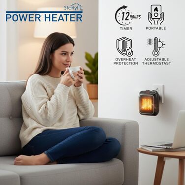 Електричний настінний вентилятор-обігрівач потужністю 800 Вт з термокерамічною технологією Цифровий термостат, 12-годинний таймер, поворотна вилка на 270, тихий та безпечний