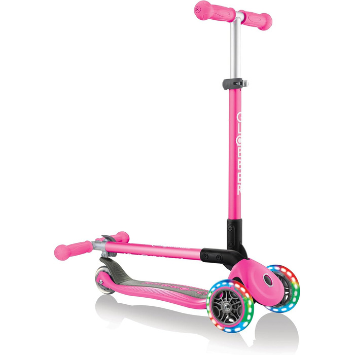 Самокат дитячий, 120/80 мм, ABEC 5, 3 колеса, регульовані по висоті, світлодіодні колеса одного розміру неоново-рожеві одинарні