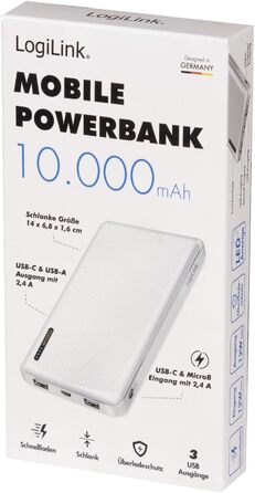 Для пристроїв) з функцією швидкої зарядки, USB-C Micro-USB (зарядка power bank), білий, 0328W - Powerbank 10000 mAh, 2 шт.