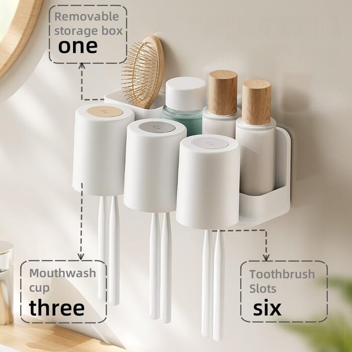 Тримач зубної щітки електрична зубна щітка, підставка чашки для зубної щітки без свердління, самоклеюча настінна підставка для зубної щітки з 3 чашками для зубних щіток, для різних зубних щіток, зубних паст і гребінців