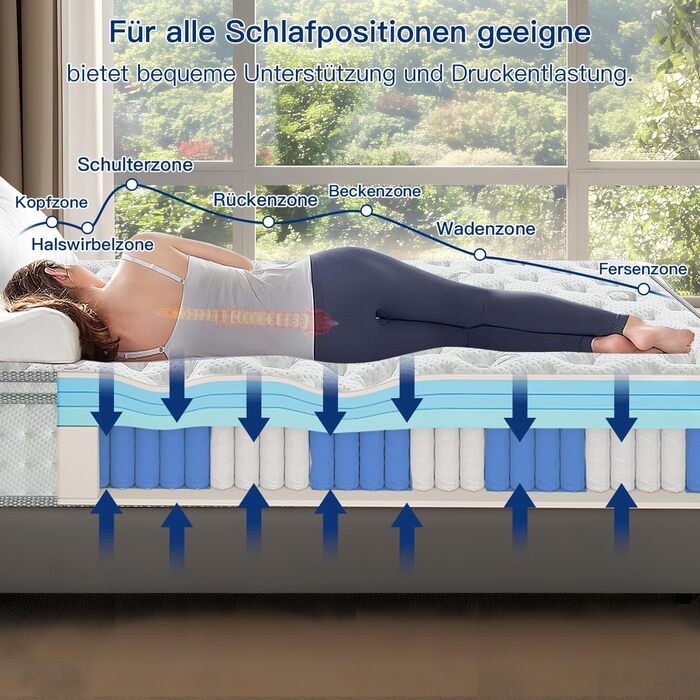 Матрац 140x200 см, 7-зонний, висота 25 см, пружинний, ортопедичний пружинний матрац кишенькової форми, рівень жорсткості H3, сертифікований Oeko-Tex, матрац для дорослих, 25 см, 140 x 200 см