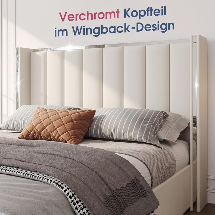 М&39яке ліжко з ящиком для зберігання речей, узголів&39ям заввишки 115 см, місцем для зберігання речей, функцією підйому та хромованим дизайном, каркас з масиву дерева оксамит (кремово-білий, 140 x 200 см) 140 x 200 см Бежевий