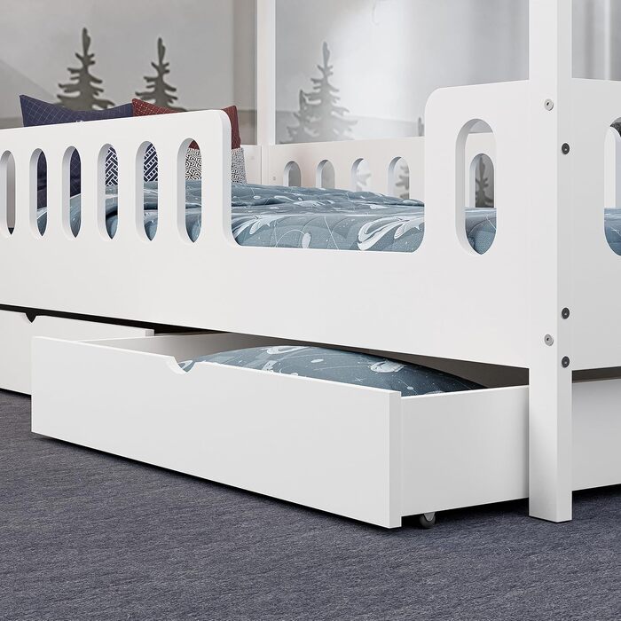 Дитяче/підліткове ліжко CADANI LARS 200x90 см Біле, дві шухляди, знімні поручні безпеки, трансформується в дитяче ліжко 90 x 200 см Біле - з шухлядою - матрац не входить до комплекту