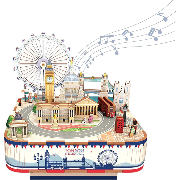 Музична скринька Tonecheer Дерев'яний 3D-пазл, набір моделей для сім'ї котів своїми руками для дорослих, обертова музична шкатулка, дерев'яні пазли Подарунки для прикраси будинку Подарунок на день народження Різдвяний підліток (Лондон)