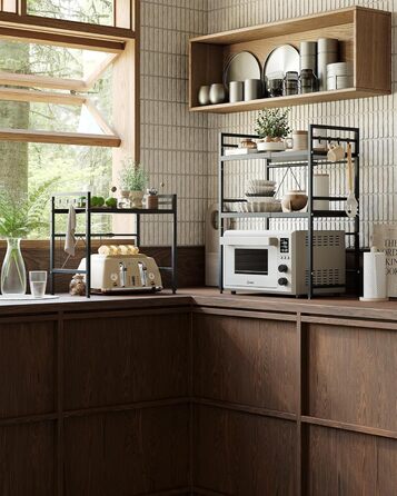 Розширювана полиця для мікрохвильової печі NETEL, 2-рівнева, полиця над мікрохвильовою піччю, підставка для мікрохвильової печі на стільницю, кухонна полиця для духовки/кавоварки, стабільна підставка для мікрохвильової печі з 8 гачками, чорна, 2-рівнева -