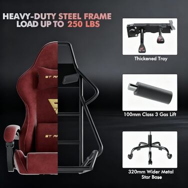 Ігрове крісло Huracan з підставкою для ніг, дихаюче ергономічне ігрове крісло з мікрофібри велюру, ігрове крісло, ігрове крісло з регульованим підголівником та масажною подушкою для попереку, підлокітники (червоні) плоска подушка сидіння, стиль 1 червоний