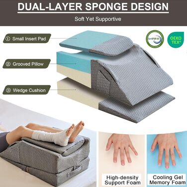 Багатофункціональна подвійна подушка для підняття ніг 9-в-1, 3 режими для колін, щиколоток та ніг, регульоване по висоті U-подібне положення ніг, бічні кишені та ручки, чохол з повітряним шаром, що прається (сірий сірийповітрянийшаровийчохолдляног)