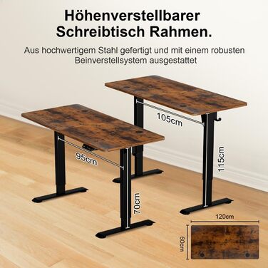 Електричний стіл з регульованою висотою 120 x 60 см, офісний стіл, стіл для роботи стоячи, комп&39ютерний стіл з пам&39яттю положення та технологією запобігання зіткненням, вінтажний стиль, 120 x 60 см
