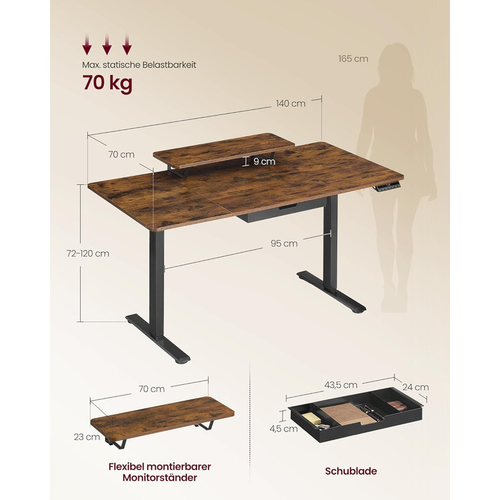 Письмовий стіл з регульованою висотою, 140 x 70 см, гнучка підставка для монітора, шухляда, порт USB-C, нагадування про тривале сидіння, для офісу, вінтажний коричневий LSD154KD01 140 x 70 см вінтажний коричневий