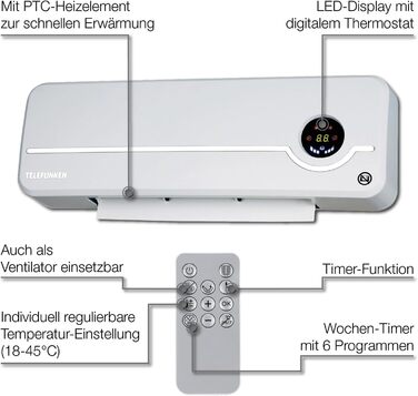 Компактний керамічний настінний вентилятор-обігрівач з коливальною системою та інтелектуальним регулюванням температури Ідеальне рішення для ефективного та рівномірного розподілу тепла в холодні дні, 2000