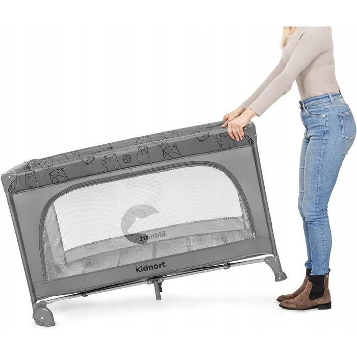 Складане та компактне дитяче ліжечко Grotta - дорожнє ліжко та манеж від народження до 15 кг, з колесами, матрацом та сумкою для перенесення, бічний вхід на блискавці, повітропроникні сітчасті боки