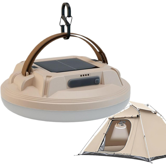Сонячний кемпінговий ліхтар зі світлодіодним дисплеєм, водонепроникний, для надзвичайних ситуацій та походів, для використання в приміщенні та на вулиці, для роботи вночі, для дому, саду, патіо, бежевий