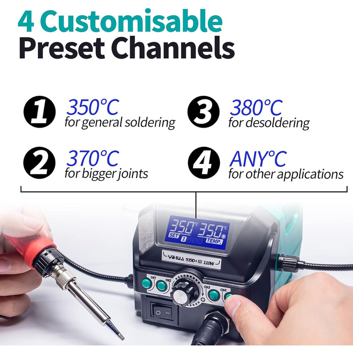 Паяльна станція YIHUA 939D III EVO 110W з 4 слотами пам'яті, подвійним РК-дисплеєм, сплячим режимом, 2 допоміжними руками, РК-об'є