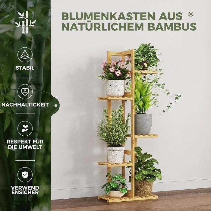 Підставка для рослин Bamworld, підставка для квітів, бамбукова полиця для рослин, кімнатна полиця для квітів, невелика металева підставка для квітів для тераси, саду, балкона, вітальні, спальні (5 рівнів), 5 рівнів з бамбука
