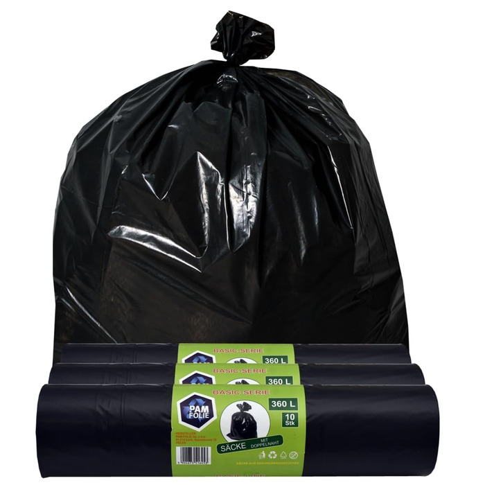 Універсальні сміттєві пакети 360 л - Комплект з 30 шт. - XXL Великі, міцні, товсті сміттєві пакети, базові - 120x150 см - 35 мкм - Чорні сміттєві пакети - Міцні сміттєві пакети - Регранульована плівка 360 л/35 мкм - Упаковка з 3 шт.