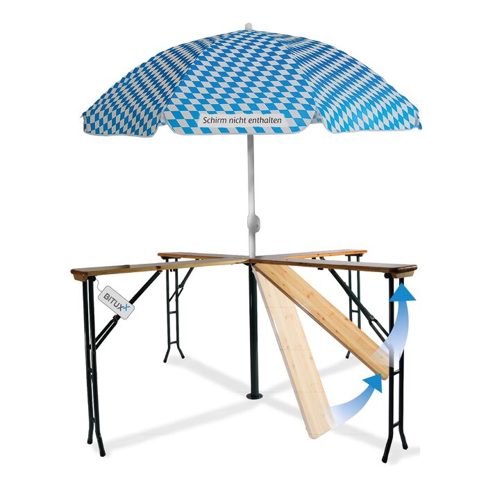 Комплект пивного намету BITUXX, комплект фестивального намету, пивний стіл, хрестовий стіл, стоячий стіл, Quattro, складаний, хрестоподібної форми, 241 см з підставкою для парасольки