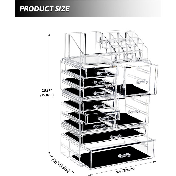 Органайзер для макіяжу Greentainer Велика коробка для зберігання косметики місткістю 8 решіток різних розмірів і 10 ящиків для спальні та ванної кімнати, акриловий косметичний органайзер, прозорий