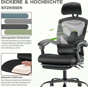 Ергономічне офісне крісло DUMOS, письмове крісло зі зручними підлокітниками, оснащене зручною поперековою опорою та підставкою для ніг, підходить для домашнього використання, C-3509-Чорний, 26 x 39 x 50,75 дюймів