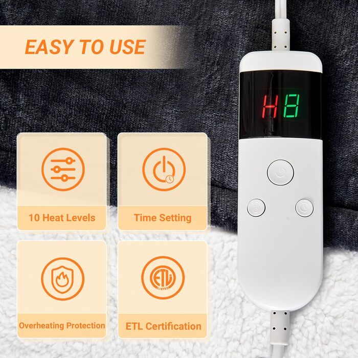 Електрична ковдра з автоматичним вимкненням, 130x180 см, 10 налаштувань температури, таймер автоматичного вимкнення до 8 годин, захист від перегріву, можна прати в пральній машині, підходить для холодних ночей, темно-сіра, 130 x 180 см