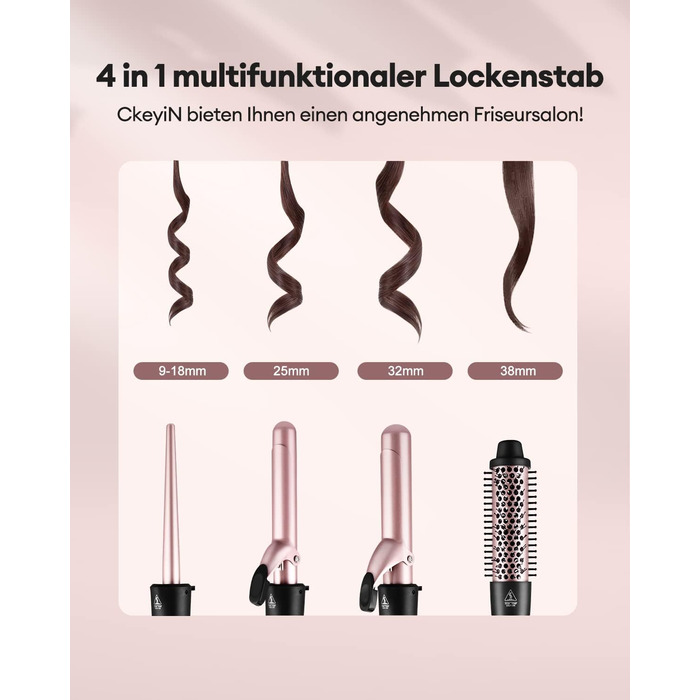 Набір плойок CkeyiN 4 в 1 з різними насадками 9-38 мм, керамічна плойка з щіткою для завивки, великі та малі локони, настінна плой