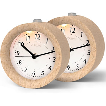 ВищеГодинник будильник аналоговий без цокання, будильник дерев'яний з дрімотою, тумбочка настільний годинник з нічником, ретро-будильник аналоговий на батарейках (потрібна батарея 1*AA) - натуральне дерево світло-коричневого кольору (кругле, світло-коричн