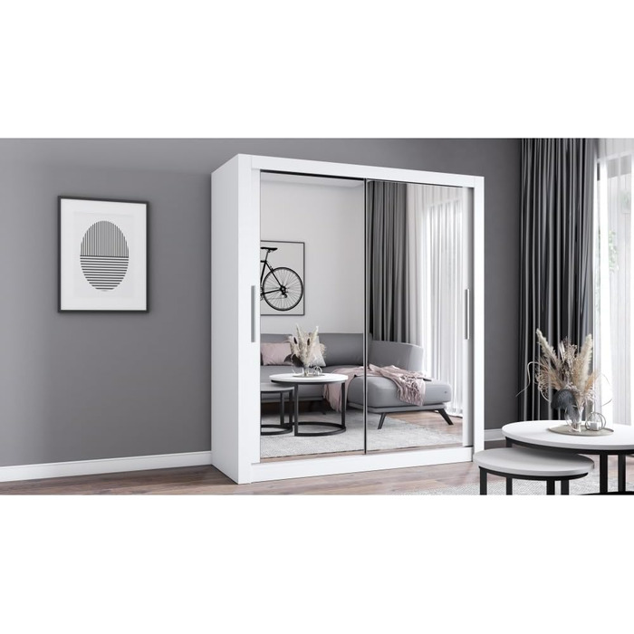 Шафа з дзеркалом - Шафа з розсувними дверима - Шафа для спальні - 64 x 180 x 215 см - Шафа для вітальні - Вішалка для одягу, Шафа з двома дверима, Сучасна 180 см Біла