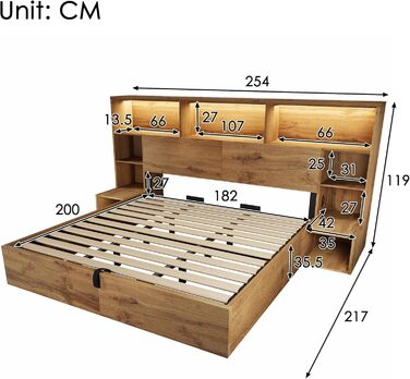 Двоспальне ліжко ANIROY, дерев&39яне ліжко 180x200 см, гідравлічне ліжко з місцем для зберігання речей та узголів&39ям, узголів&39я для зберігання речей зі світлодіодним підсвічуванням та портом USB-C, каркас ліжка System з рейковою основою, матрац не вхо