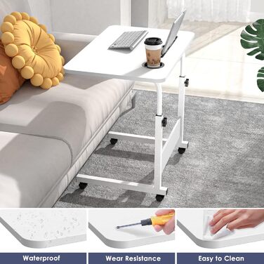 Стіл для ноутбука з регульованою висотою, бічний столик з колесами та слотами для карток, мобільний стіл/комп&39ютерний стіл для дивана, ліжка, кушетки, офісу (білий, 60x40 см) 60x40 см З 2 слотами для карток Білий