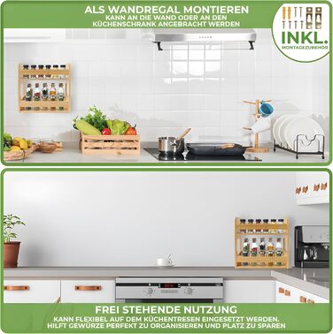 Бамбукова підставка для спецій для настінного або окремого використання, кухонна полиця з 2 місткими полицями, 28 x 28 x 11,5 см, підставка для спецій для зберігання контейнерів для спецій та трав (сучасна велика)