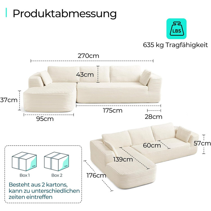 Кутовий диван LINSY HOME зі сном - Модульний розкладний диван з вельвету 270 см, L-подібний диван, 3-місний диван з пуфом, секційний диван для вітальні, не потребує складання, бежевий вельвет