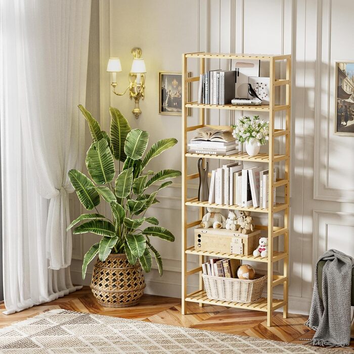 Рівнева книжкова полиця HITNET, полиця для ванної кімнати, висока окремостояча бамбукова полиця з регульованими полицями, полиця для дисплея та рослин для житлового простору, натуральний колір, 6-
