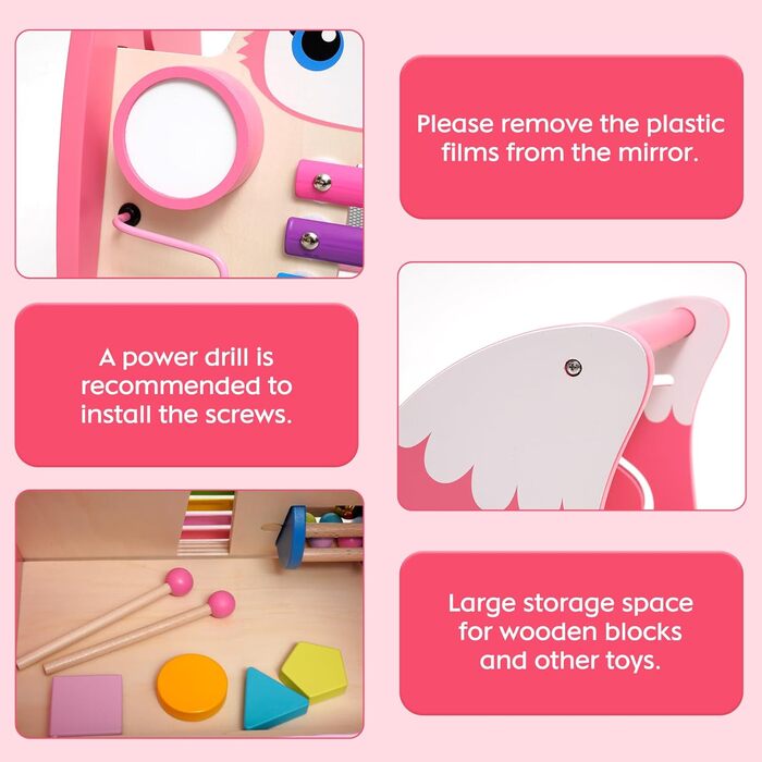 Дерев&39яні дитячі ходунки з іграшками Монтессорі, гумовими шинами, сортувальником фігур, шестернями, дзеркалами, ксилофоном та барабанами, підходить для дітей від 9 місяців, рожевого кольору