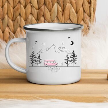 Емальована кружка &quotМаленька Матильда&quot, барвиста персоналізована кемпінгова кружка з іменем для кемпінгу, кавова кружка, аксесуар для каравану, кружка з нержавіючої сталі, подарунок для кемперів (рожевий кемпер)