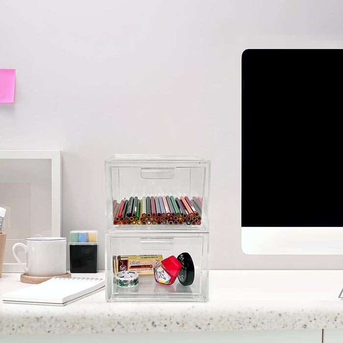 Ящики для косметичного органайзера, штабелюваний прозорий акриловий органайзер для макіяжу, 2 шухляди для зберігання на столі, туалетний столик, ванна кімната, спальня, дві коробки під раковиною