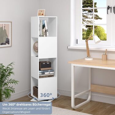 Поворотна полиця EUGAD, 4-рівнева поворотна книжкова полиця, полиця для зберігання на місці, офісна полиця, полиця для документів, для вітальні, спальні, офісу, дитячої кімнати, 35x145x35 см, білий 0046SHG
