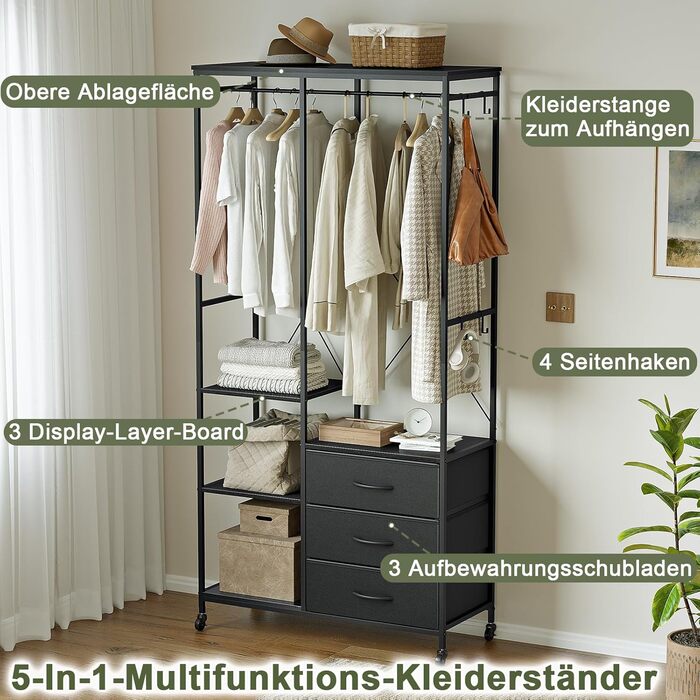 Штанга для одягу, міцна, для шафи - окремостояча портативна шафа-гардероба з колесами, дерев&39яною стільницею, сталевим каркасом, тканинними висувними ящиками та регульованими полицями, чорна
